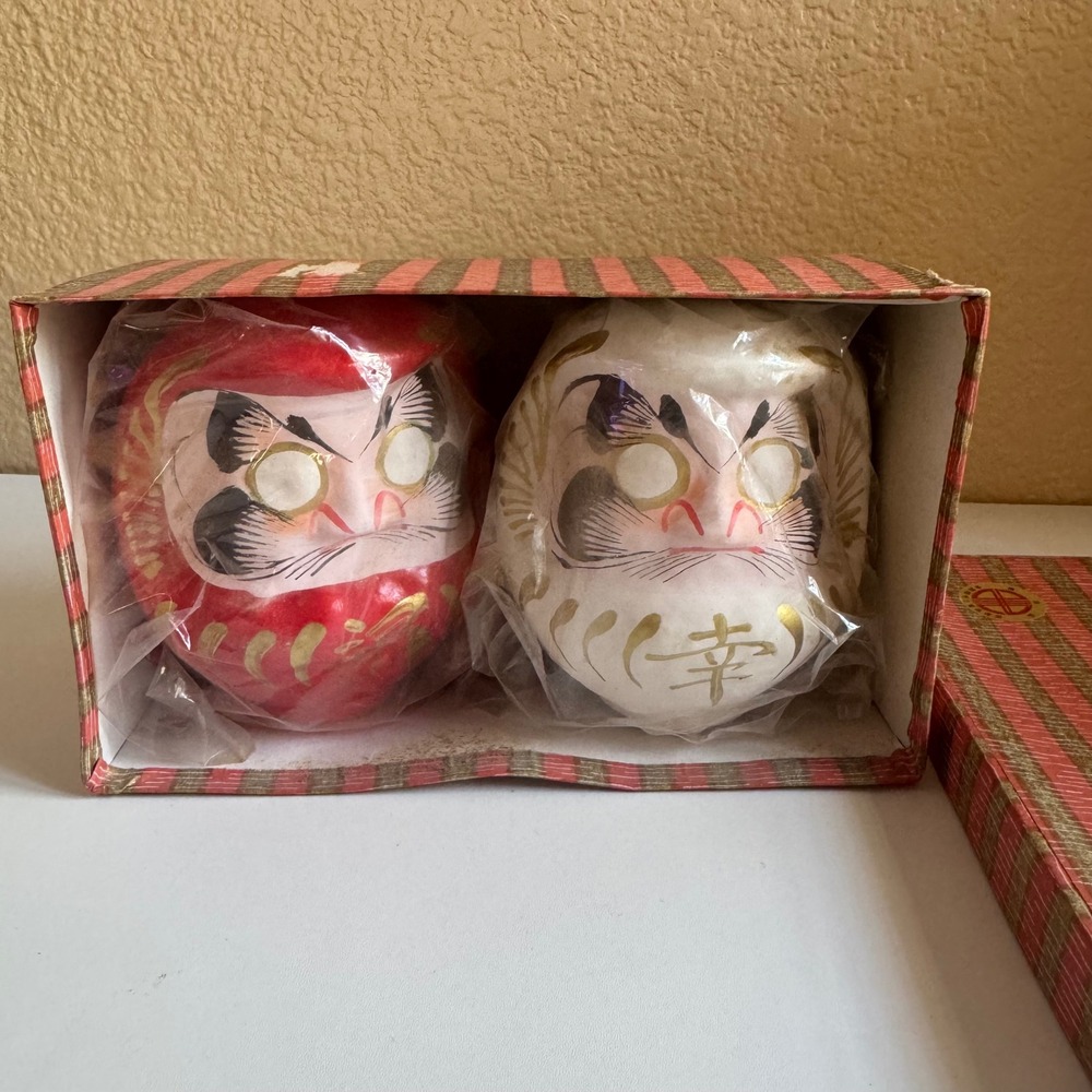 Vintage Japanese Daruma Doll Set Red & White Paper Mache Goal Talisman 1990's